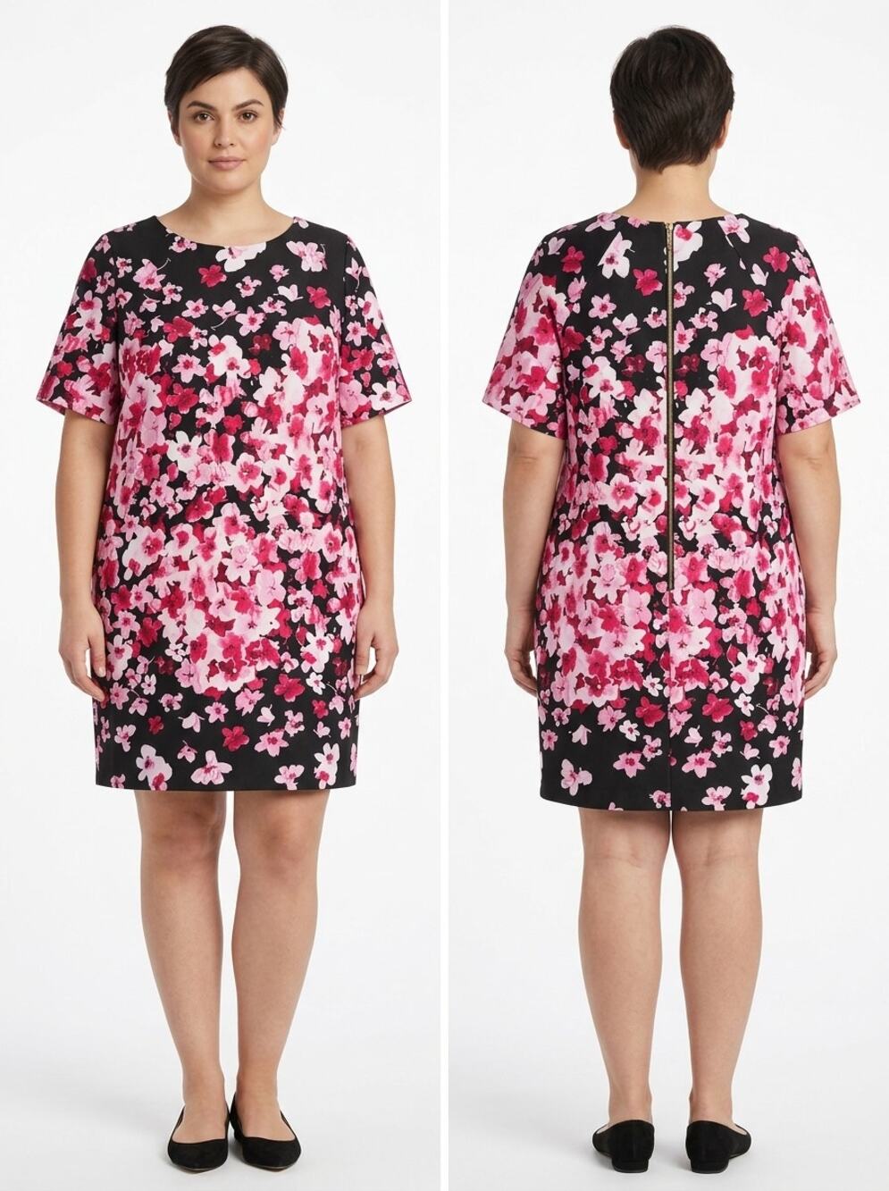 Eliza J Black Pink Floral Print Short Sleeve Shift Dress Women Size 14